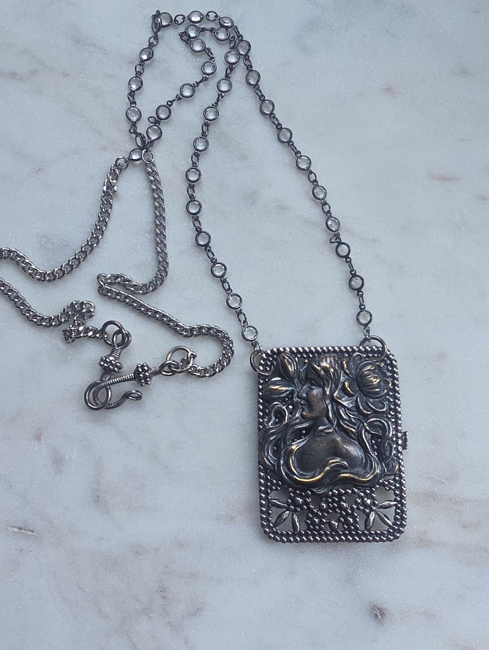 Vintage Art Nouveau Repoussé Fine Silver Pendant Necklace  Classical Woman Motif